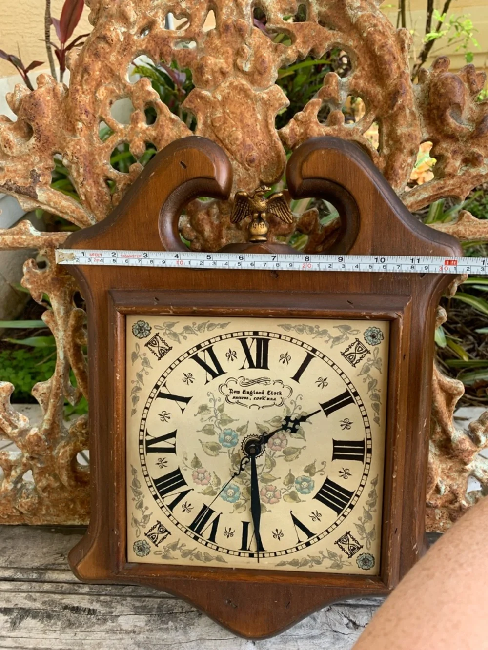 Vintage New England Clock Bristol, Conn. USA Maple Wall Clock with Floral Dial